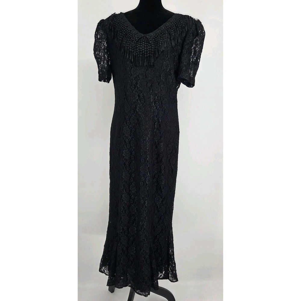 Vtg Maxima Floral Lace Formal Dress XL Black Macrame Collar Fringe Trim 1980s
